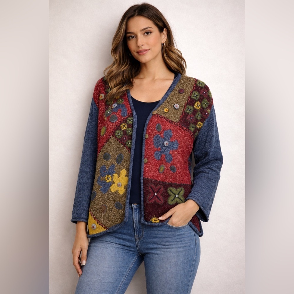 VTG Y2K Susan Bristol Colorful Size PS Patchwork Women's Cardigan Sweater Floral